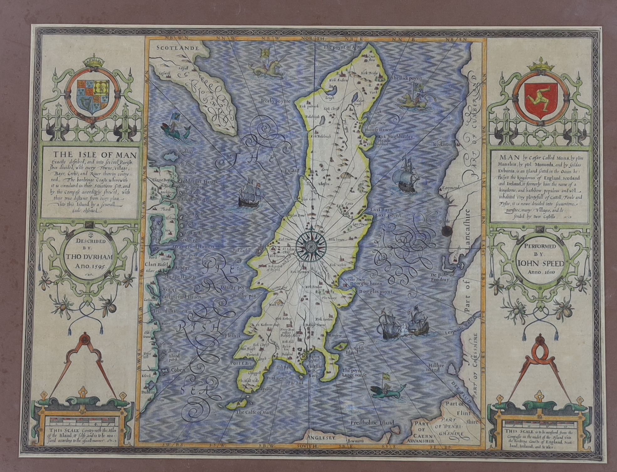 John Speed (1552-1629) described by Thomas Durham, 17th century hand coloured map, The Isle of Man, text verso, 38 x 50cm